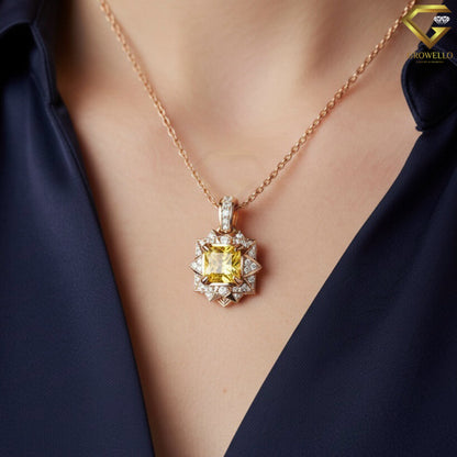 2CT Yellow Princess Cut Starburst Halo Pendant, Art Deco Geometric Necklace, Solid Gold, Lab-Grown Diamond or Moissanite
