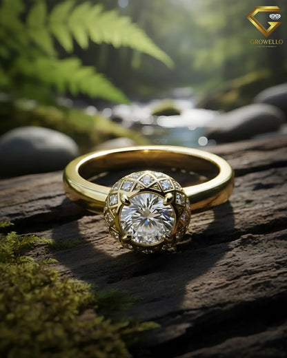 2CT Round Halo Engagement Ring, Geometric Vintage Dome Setting, Solid Gold, Lab Grown Diamond or Moissanite