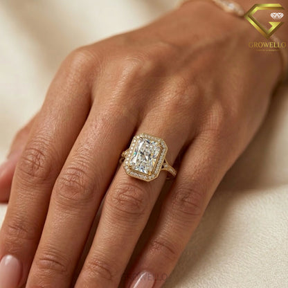 3 CT Radiant Engagement Ring, Art Deco Halo, Pave-Band, IGI Lab Diamond or Moissanite