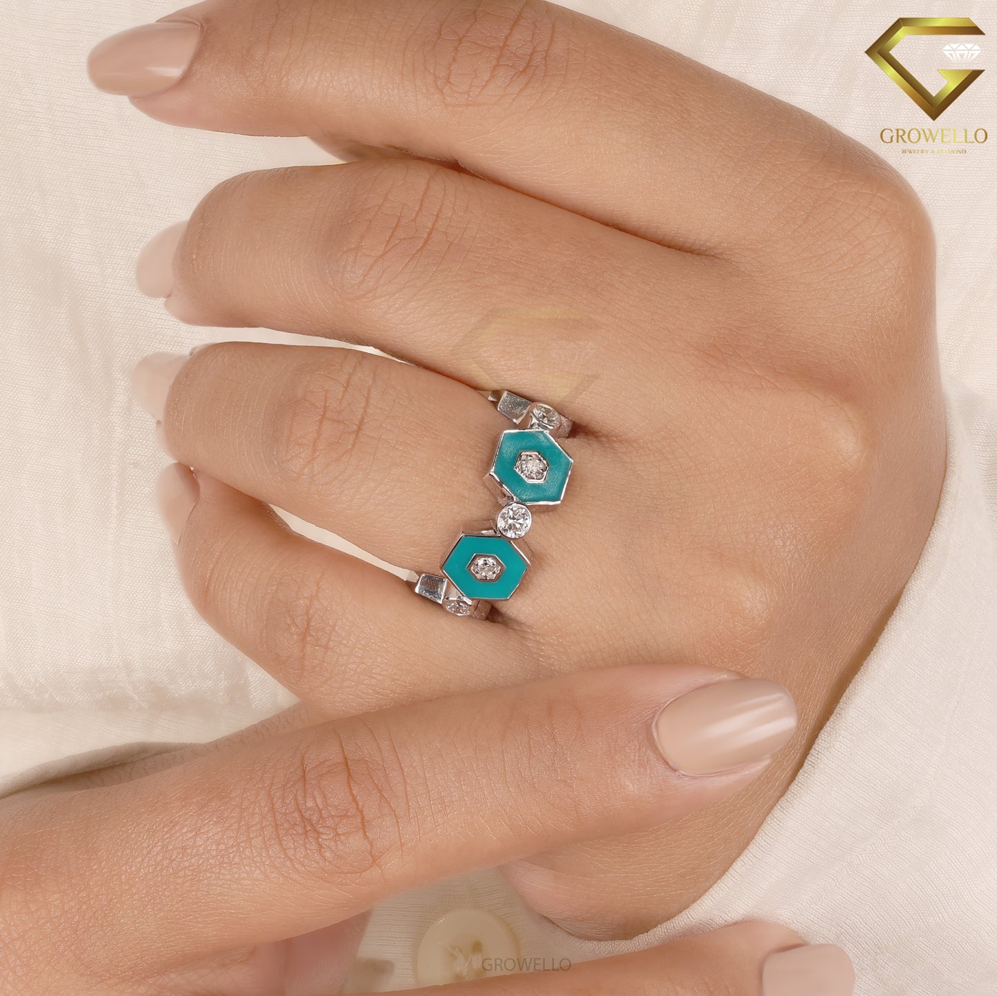 Turquoise Enamel Hexagon Diamond Ring, Geometric Designer Band, Lab Grown Diamond or Moissanite