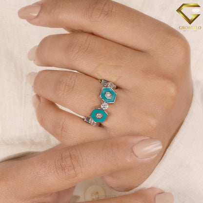 Turquoise Enamel Hexagon Diamond Ring, Geometric Designer Band, Lab Grown Diamond or Moissanite