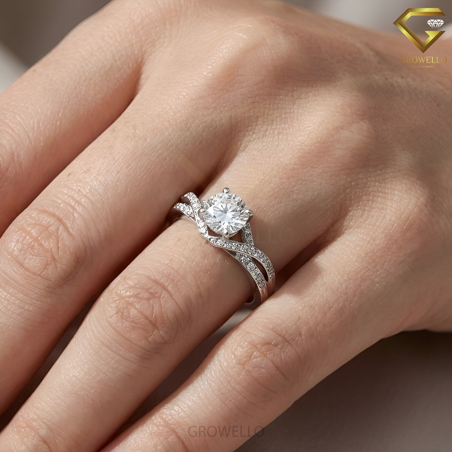 2CT Round Crossover Engagement Ring, Pavé Twisted Band, Solid Gold, Lab-Grown Diamond or Moissanite