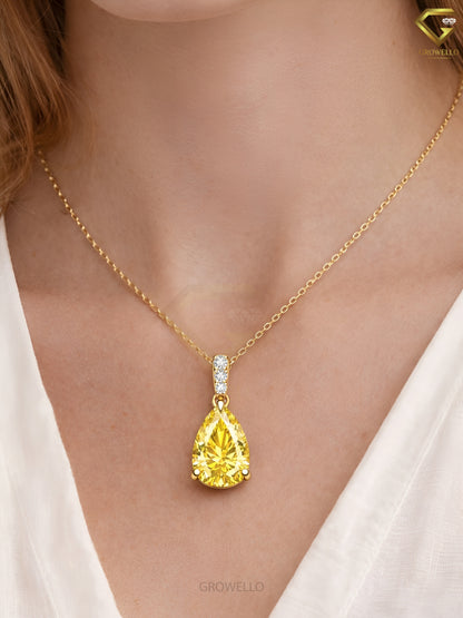 5CT Yellow Pear Diamond Pendant Necklace, Vintage Drop, Solid Gold, Lab Grown Diamond or Moissanite