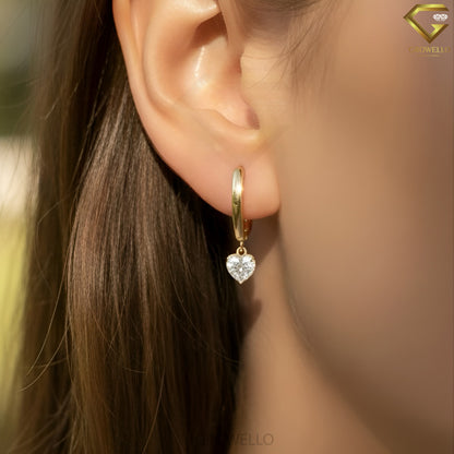1 CT Heart Diamond Huggie Drop Earrings, Fine Solid Gold, Elegant Luxury, Lab Grown Diamond or Moissanite