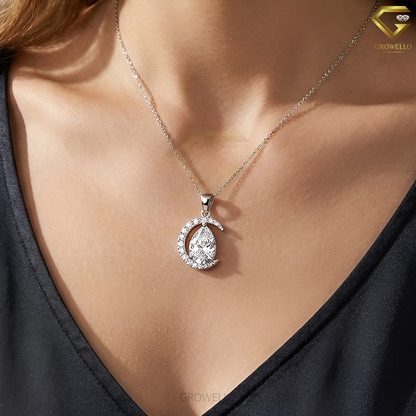 5CT Pear Cut Vintage Crescent Halo Pendant Necklace, Asymmetrical Wrap, Solid Gold, Lab-Grown Diamond or Moissanite