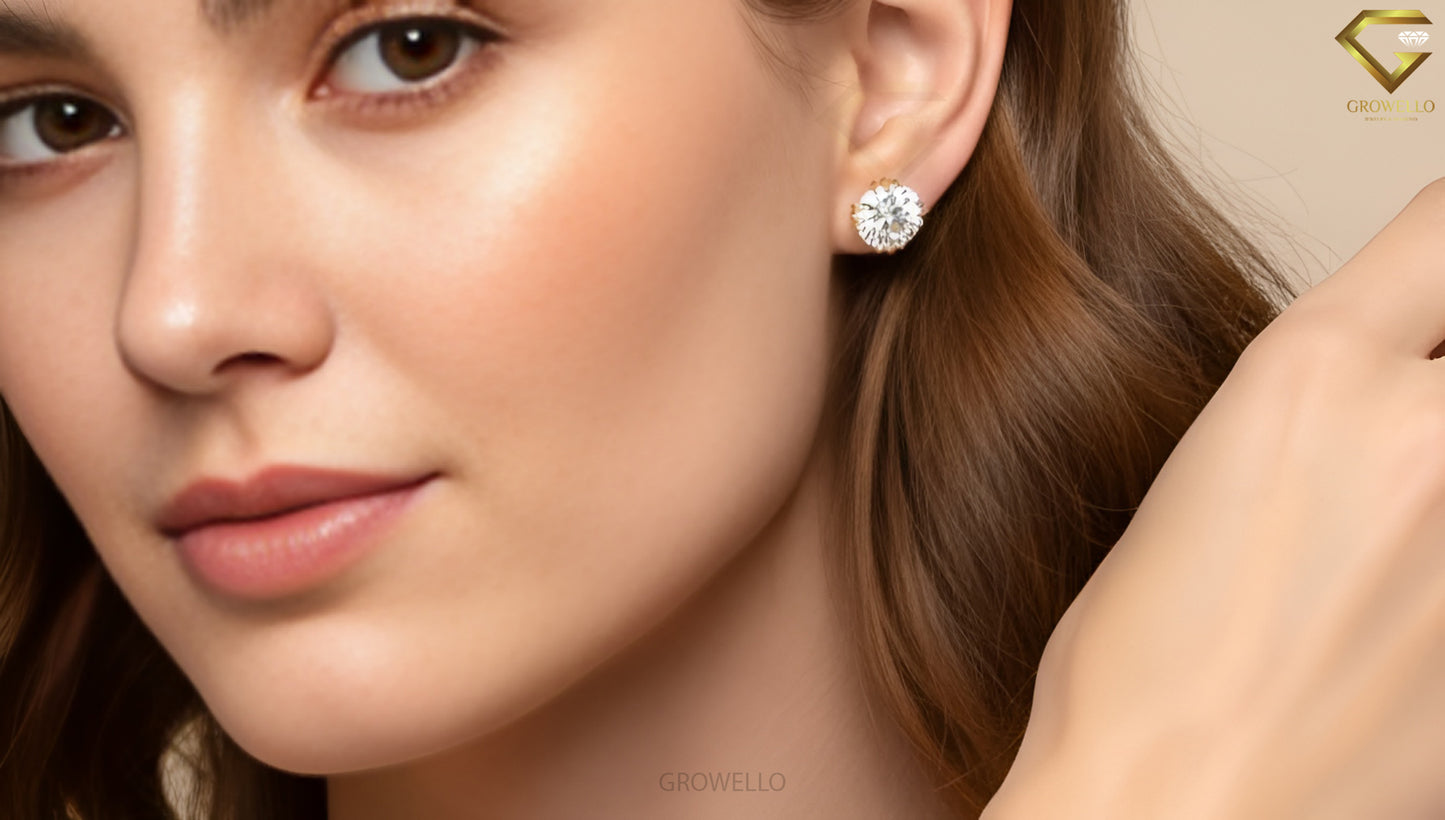 3CT Each Round Diamond Crown Stud Earrings, Split 4 Prong Basket Solitaire, Lab Grown Diamond or Moissanite, Solid Gold