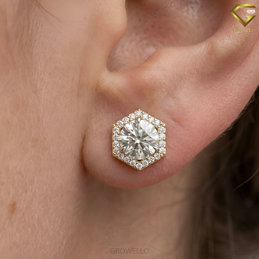 2CT Round Diamond Hexagon Halo Stud Earrings, Geometric Luxury Studs in Solid Gold, Lab Grown Diamond or Moissanite