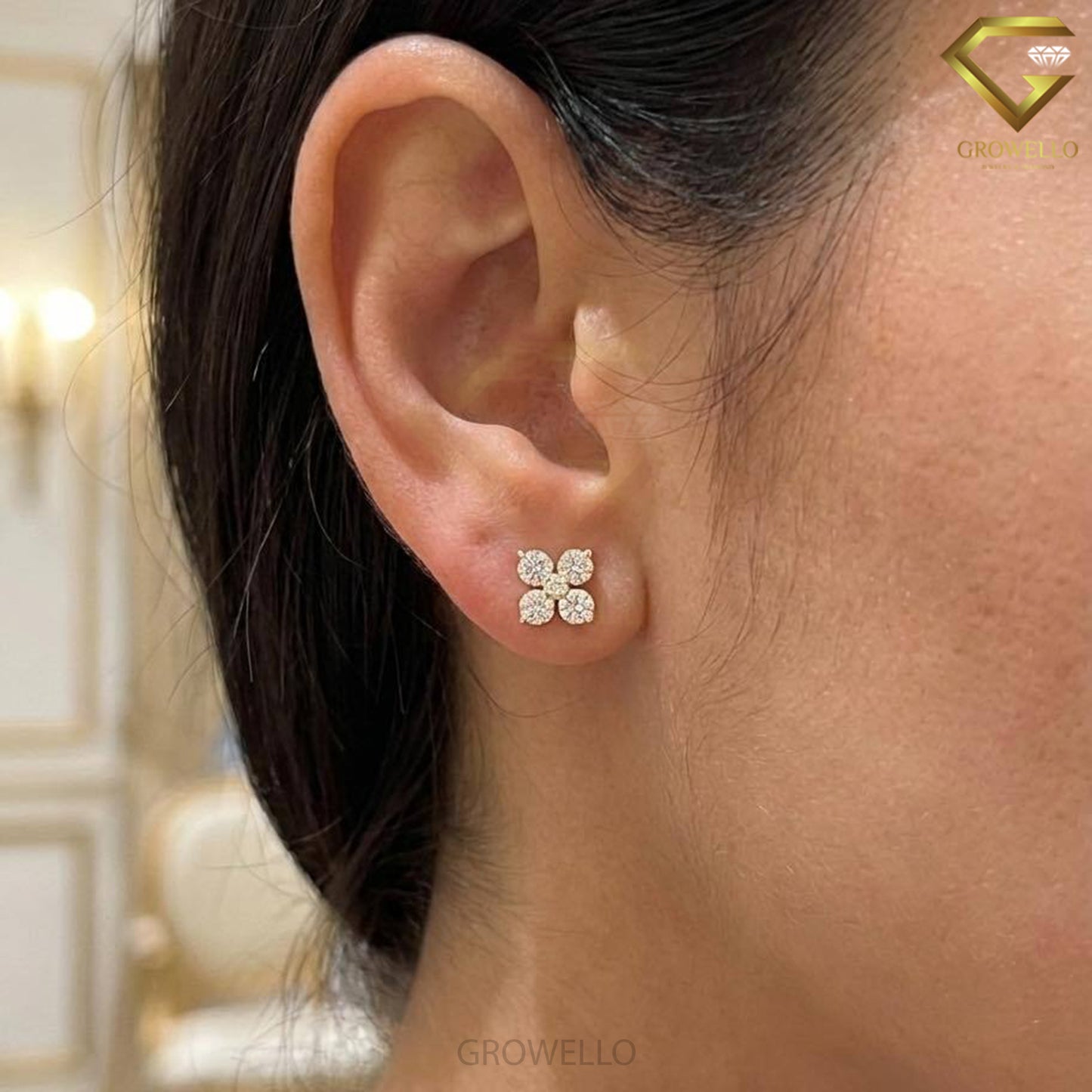 5mm Round Diamond Flower Stud Earrings, 4 Stone Clover Cluster, Solid Gold, Lab Grown Diamond or Moissanite