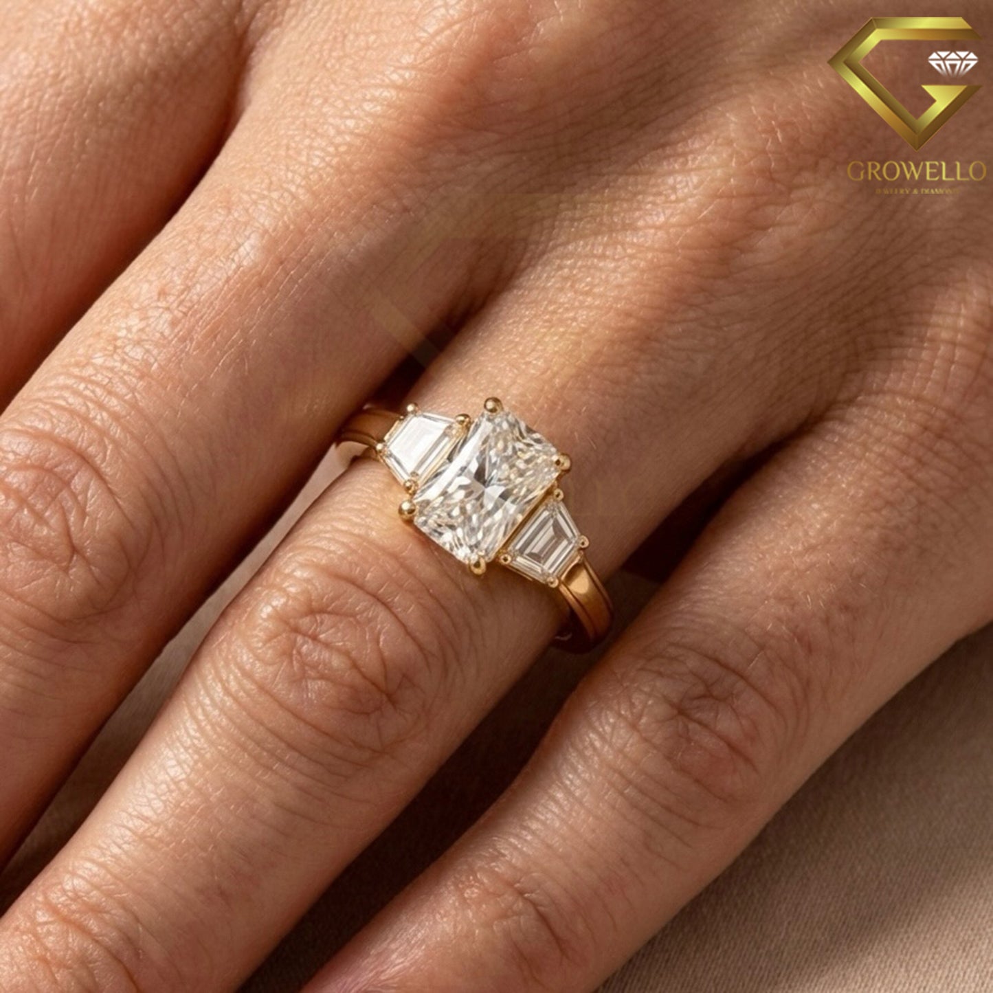 3 CT Radiant Cut Trapezoid Side Stone Engagement Ring, Solid Gold, IGI Lab Diamond or Moissanite