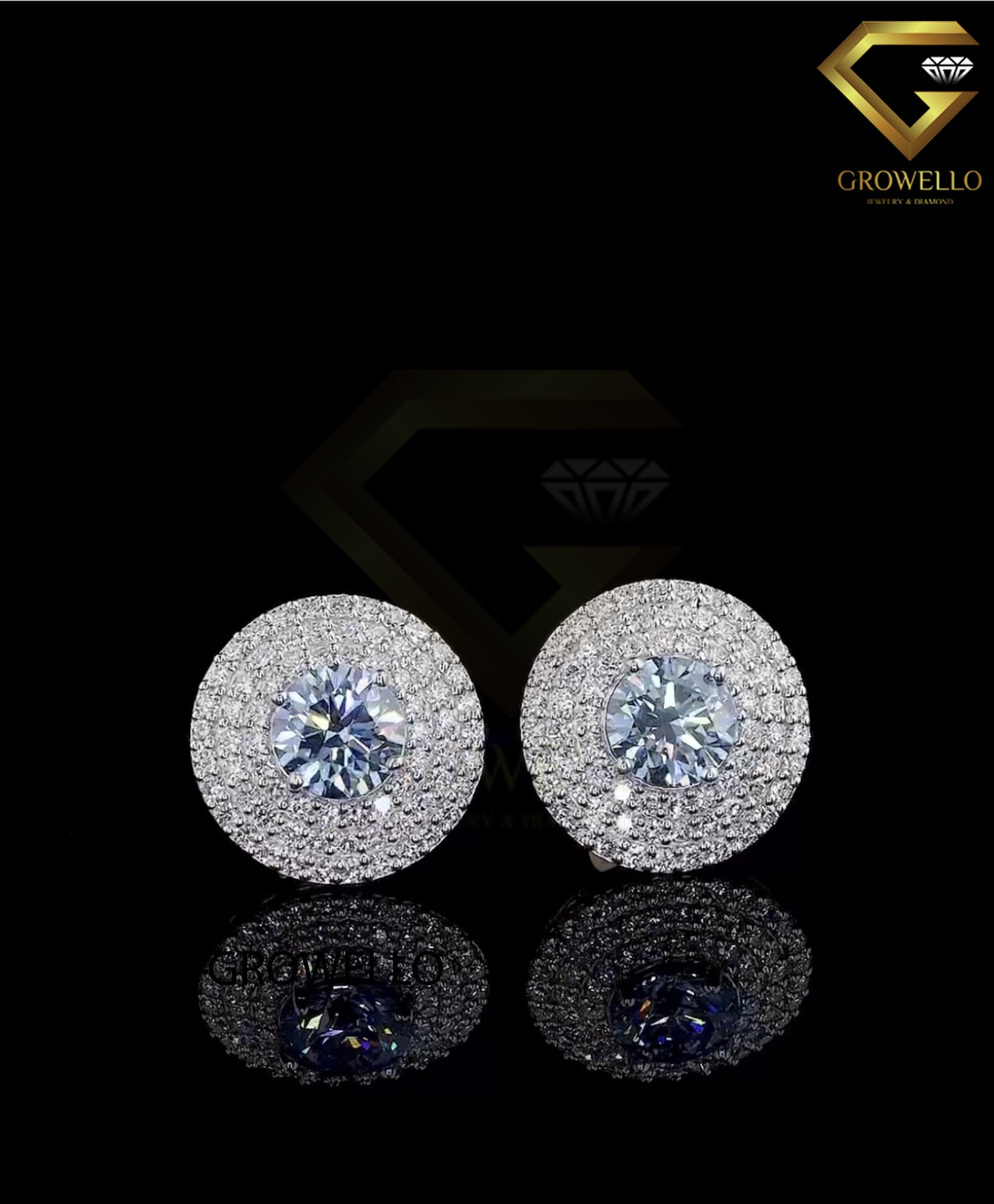 2CT Blue Round Halo Diamond Stud Earrings, Pave Cluster Disc, Solid Gold, IGI Lab Grown Diamond or Moissanite