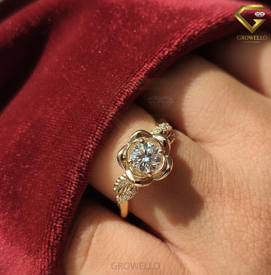 Rose Flower Diamond Engagement Ring, Floral Leaf Vine Botanical Design, IGI Lab Diamond or Moissanite