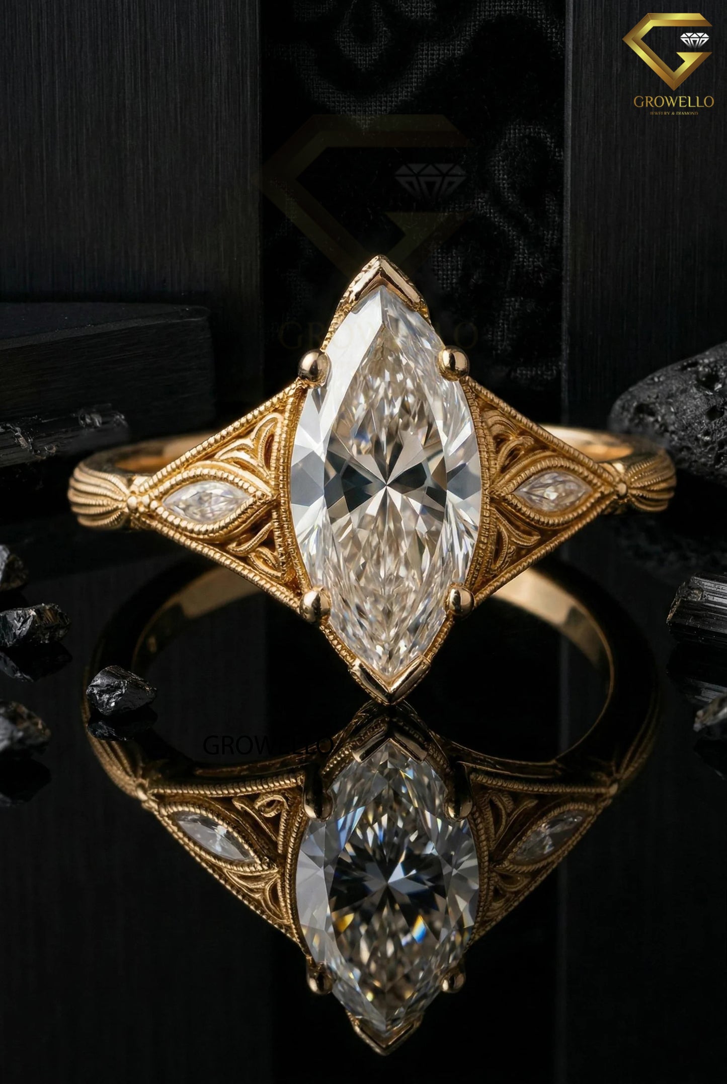 3 CT Marquise Vintage Filigree Engagement Ring, Art Deco Antique Style, Solid Gold, Lab Diamond or Moissanite