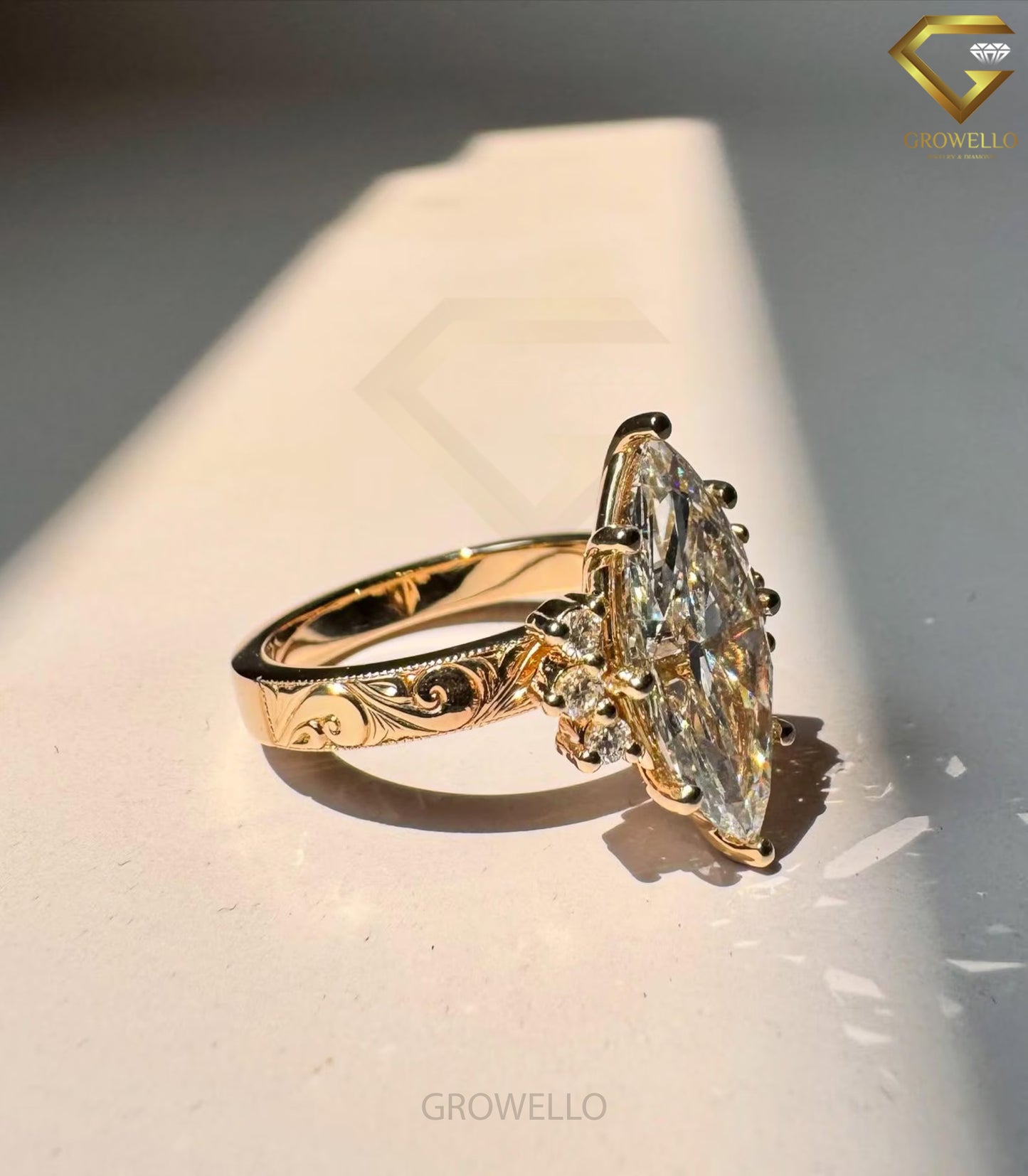 5 CT Marquise Vintage Engraved Engagement Ring, Antique Style, IGI Lab Diamond or Moissanite