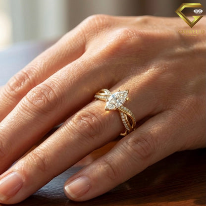 3 CT Marquise Solitaire Twisted Pavé Infinity Band, Solid Gold, Lab diamond or moissanite