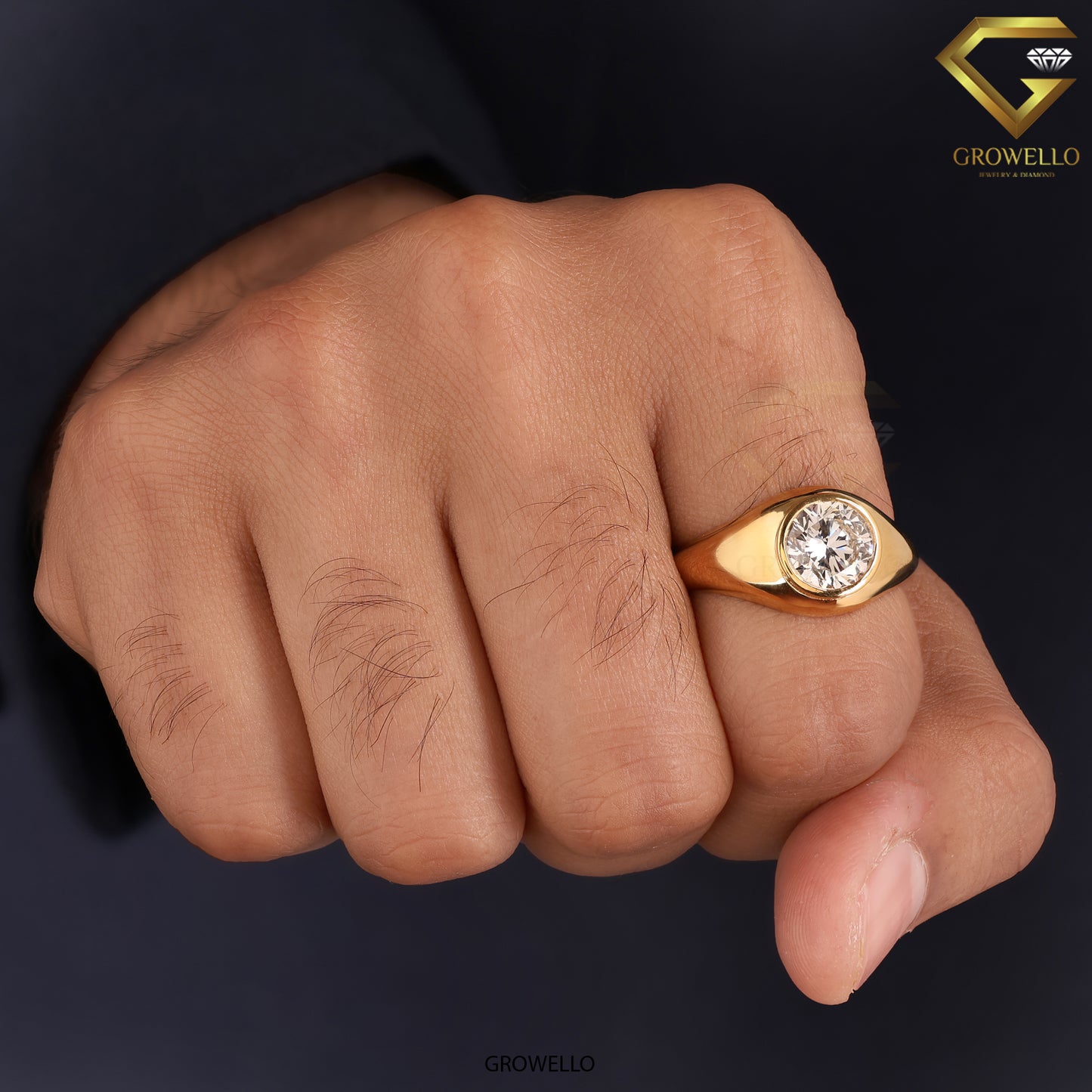 3CT Round Bezel Signet Engagement Ring, Bold Gold Statement Ring, Lab Grown Diamond or Moissanite