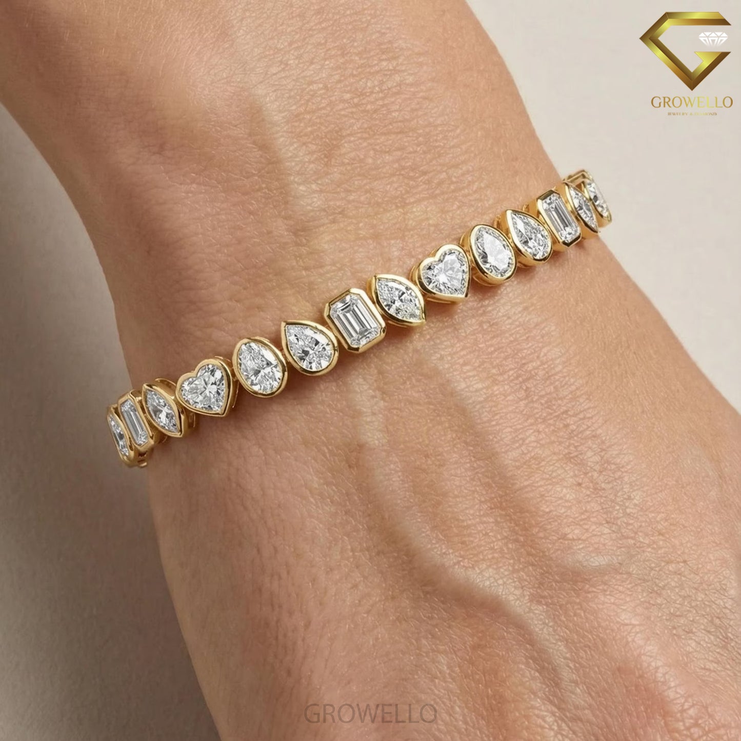 Mixed Shape Bezel Diamond Tennis Bracelet, Minimalist Solid Gold, Lab Grown or Moissanite