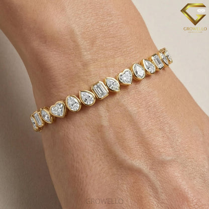 Mixed Shape Bezel Diamond Tennis Bracelet, Minimalist Solid Gold, Lab Grown or Moissanite