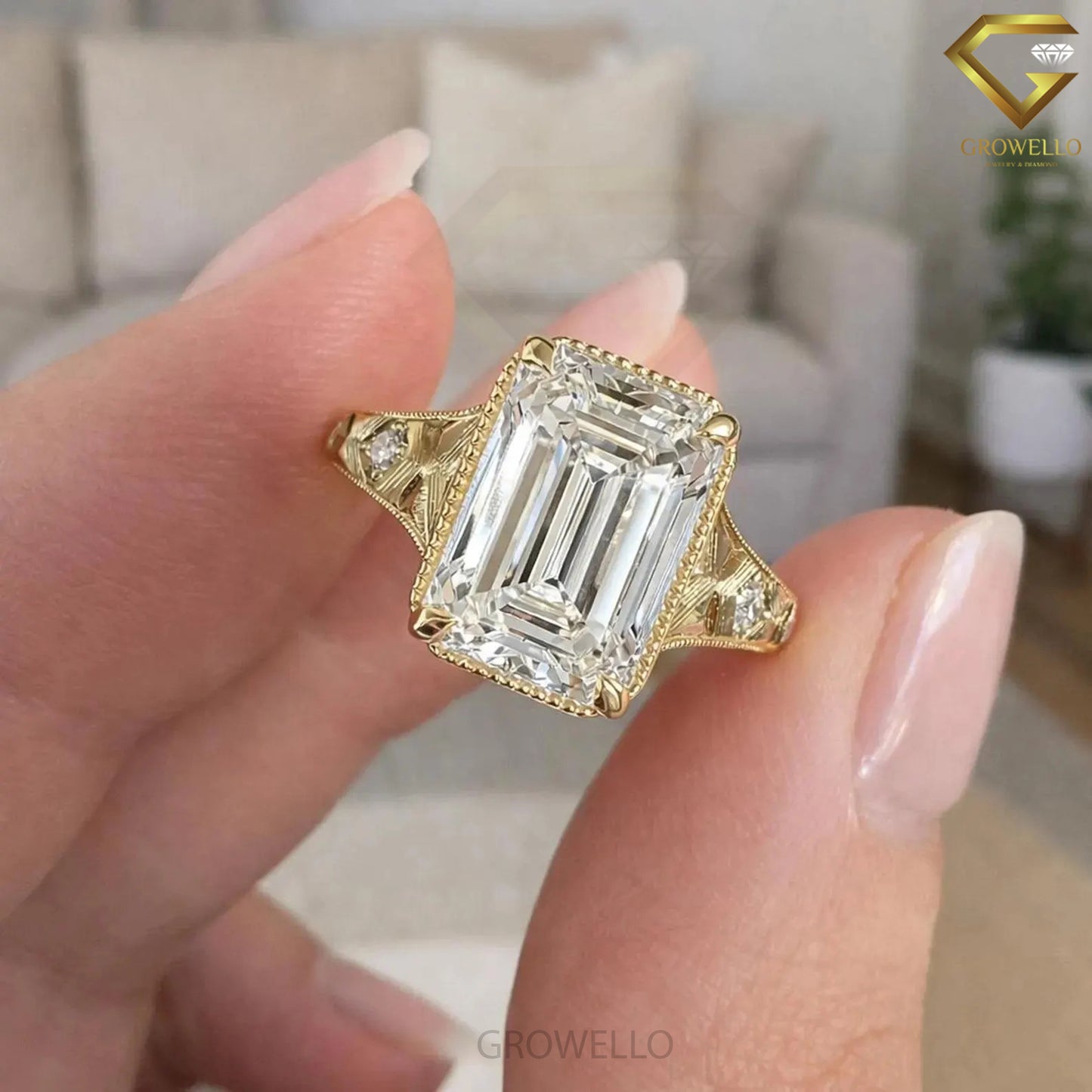 5 CT Emerald Cut Vintage Engraved Engagement Ring, Antique Style, Lab Diamond or Moissanite
