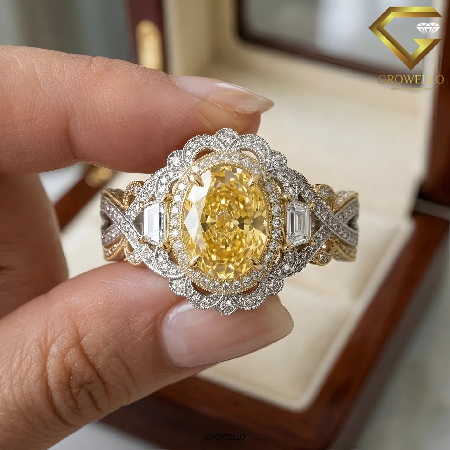 3 CT Yellow Oval Halo Engagement Ring, Vintage Crossover, IGI Lab Diamond or Moissanite