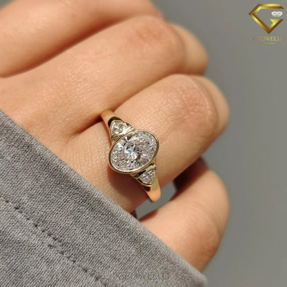 3CT Oval Three Stone Engagement Ring, Trillion Side Diamonds, Bezel Set, Solid Gold, Lab Grown Diamond or Moissanite