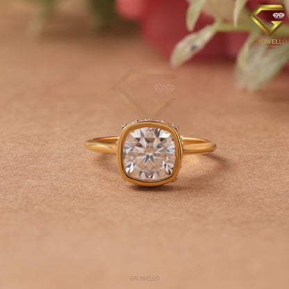 2CT Cushion Bezel Engagement Ring, Hidden Halo, Solid Gold, Lab Grown Diamond/Moissanite
