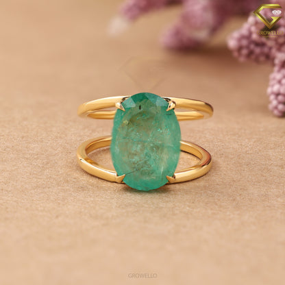 4CT Oval Emerald Panna Engagement Ring, Open Bypass Prong Design, Solid Gold, Natural Green Gemstone