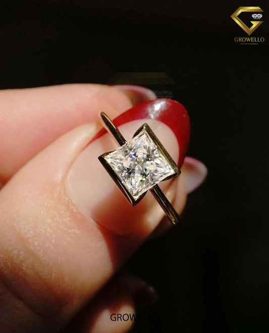 2CT Princess Half-Bezel Engagement Ring, Low-Profile Modern Square, Solid gold, Lab-Grown or Moissanite Diamond