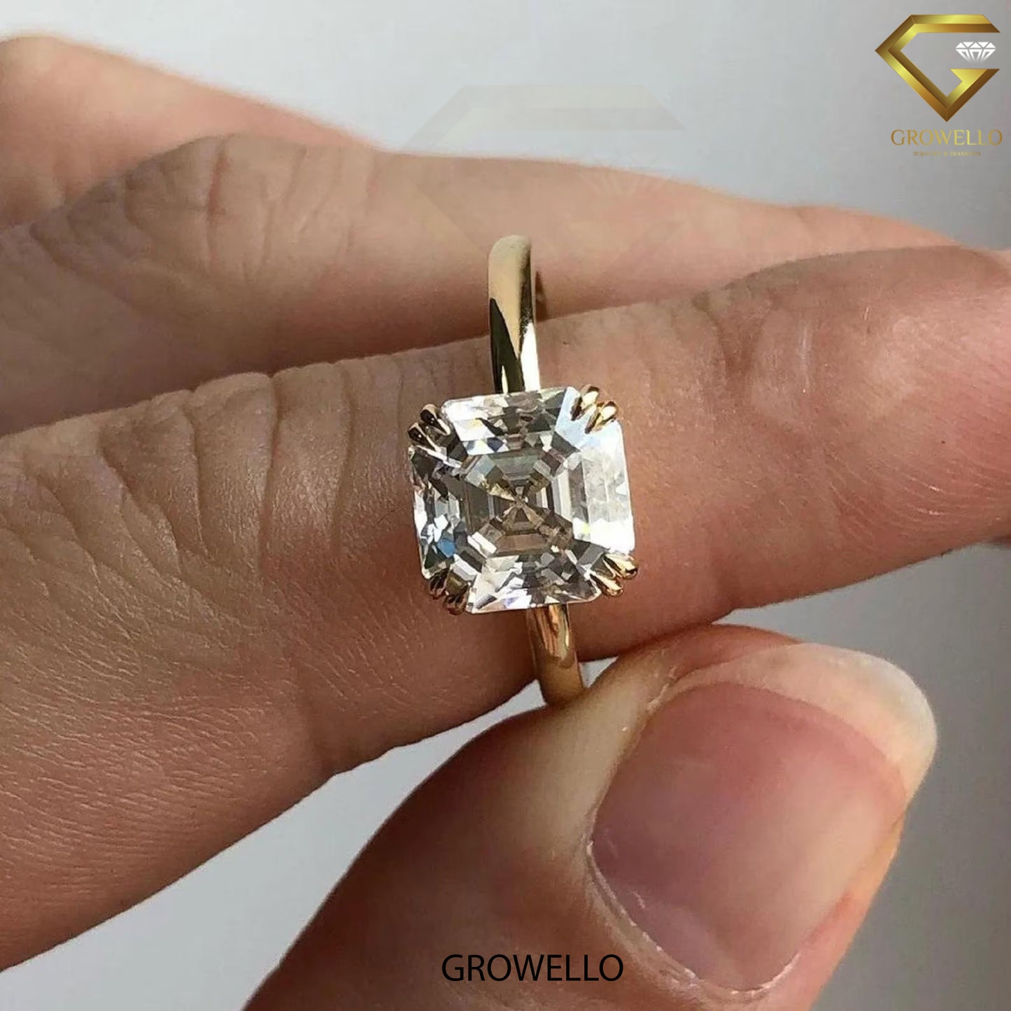 2CT Asscher Cut Engagement Ring: Solid Gold Hidden Halo, Lab Grown Diamond or Moissanite