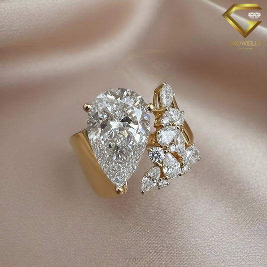 7CT Pear Cut Open Ring, Bold Statement Engagement Ring, Solid Gold, Lab Grown or Moissanite Diamond