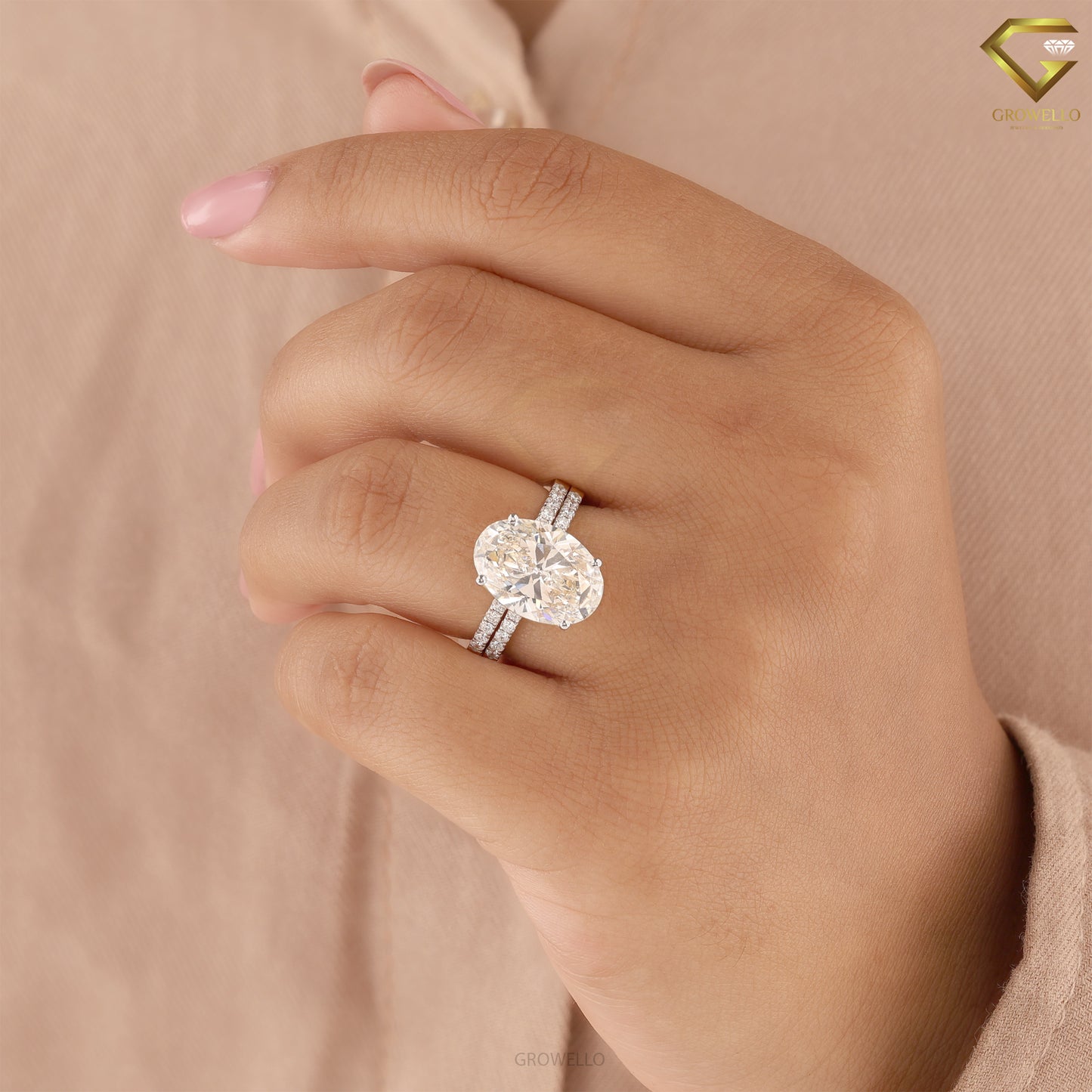 5CT Oval Diamond Engagement Ring, Double Wedding Band, Solid Gold, Lab Grown or Moissanite