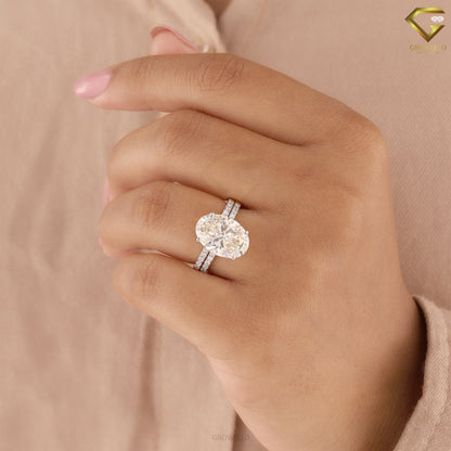 5CT Oval Diamond Engagement Ring, Double Wedding Band, Solid Gold, Lab Grown or Moissanite