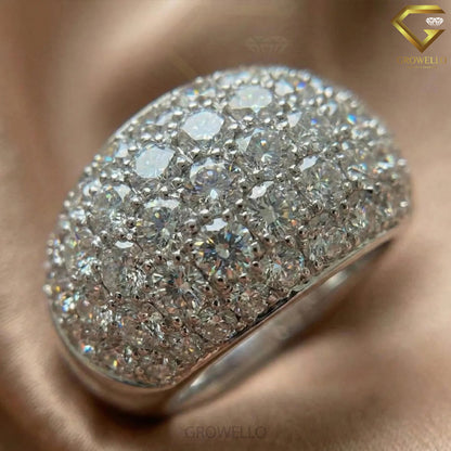 Pave Diamond Dome Engagement Ring, Wide Band, Solid Gold, Lab Grown or Moissanite Diamond