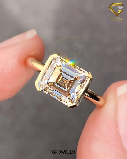 4CT Vintage Champagne Asscher Cut Engagement Ring, Half-Bezel, Lab Grown Diamond/Moissanite, Solid Gold