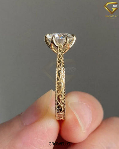 3CT Round Lotus Crown Solitaire Engagement Ring, Engraved Milgrain Band, Solid Gold, Lab-Grown or Moissanite Diamond
