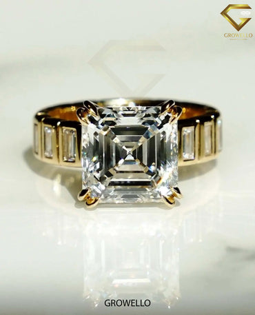 3CT Asscher Cut Engagement Ring, Art Deco Baguette Band, Solid Gold, Lab-Grown & Moissanite Diamond