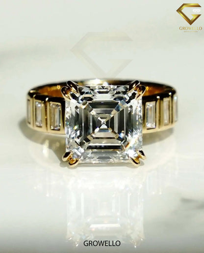 3CT Asscher Cut Engagement Ring, Art Deco Baguette Band, Solid Gold, Lab-Grown & Moissanite Diamond