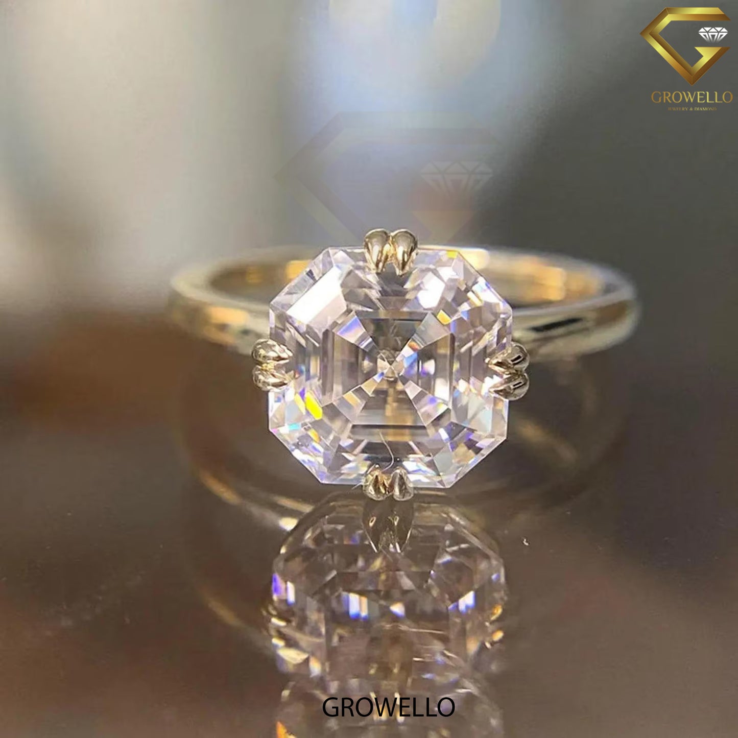 3CT Asscher Solitaire Engagement Ring, Buttercup Crown, Solid Gold, Lab-Grown or Moissanite Diamond