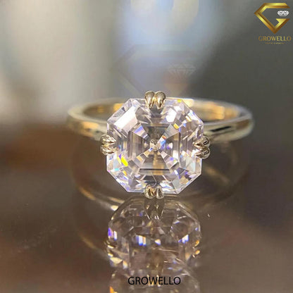 3CT Asscher Solitaire Engagement Ring, Buttercup Crown, Solid Gold, Lab-Grown or Moissanite Diamond