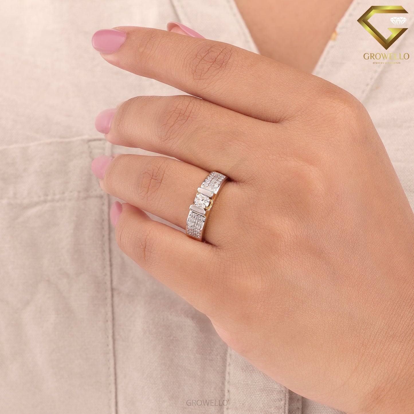 Round Diamond Pavé Engagement Ring, Two-Tone Prong Design, Solid Gold, Lab-Grown Diamond or Moissanite