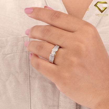 Round Diamond Pavé Engagement Ring, Two-Tone Prong Design, Solid Gold, Lab-Grown Diamond or Moissanite