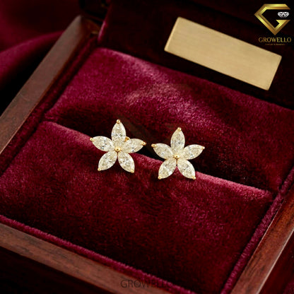 Marquise Flower Stud Earrings, Floral Cluster, Solid Gold, Lab Grown Diamond or Moissanite