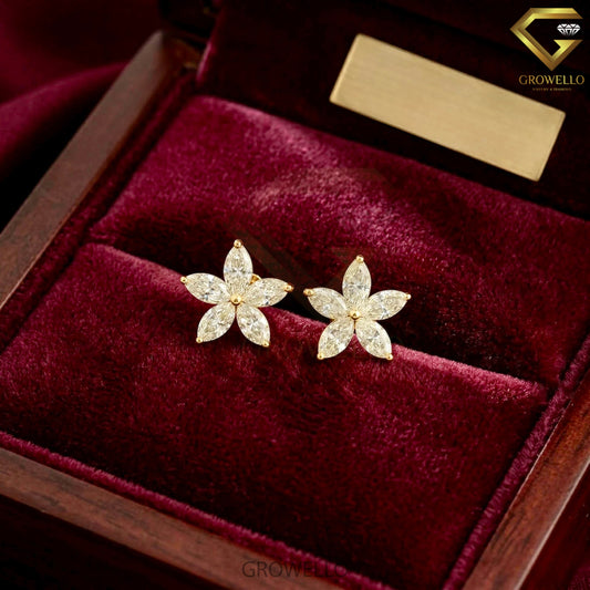 Marquise Flower Stud Earrings, Floral Cluster, Solid Gold, Lab Grown Diamond or Moissanite