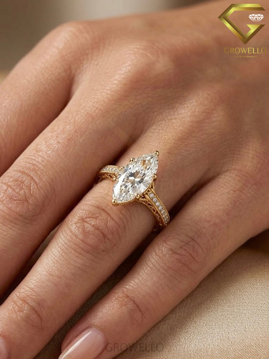 3 CT Marquise Engagement Ring, Vintage Milgrain, Solid Gold, IGI Lab Diamond or Moissanite