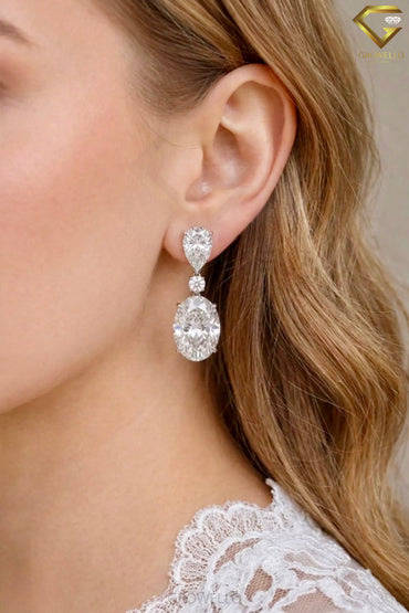 5 CT Oval Drop Earrings, Pear Round Three Stone, Solid Gold, Lab Grown Diamond or Moissanite
