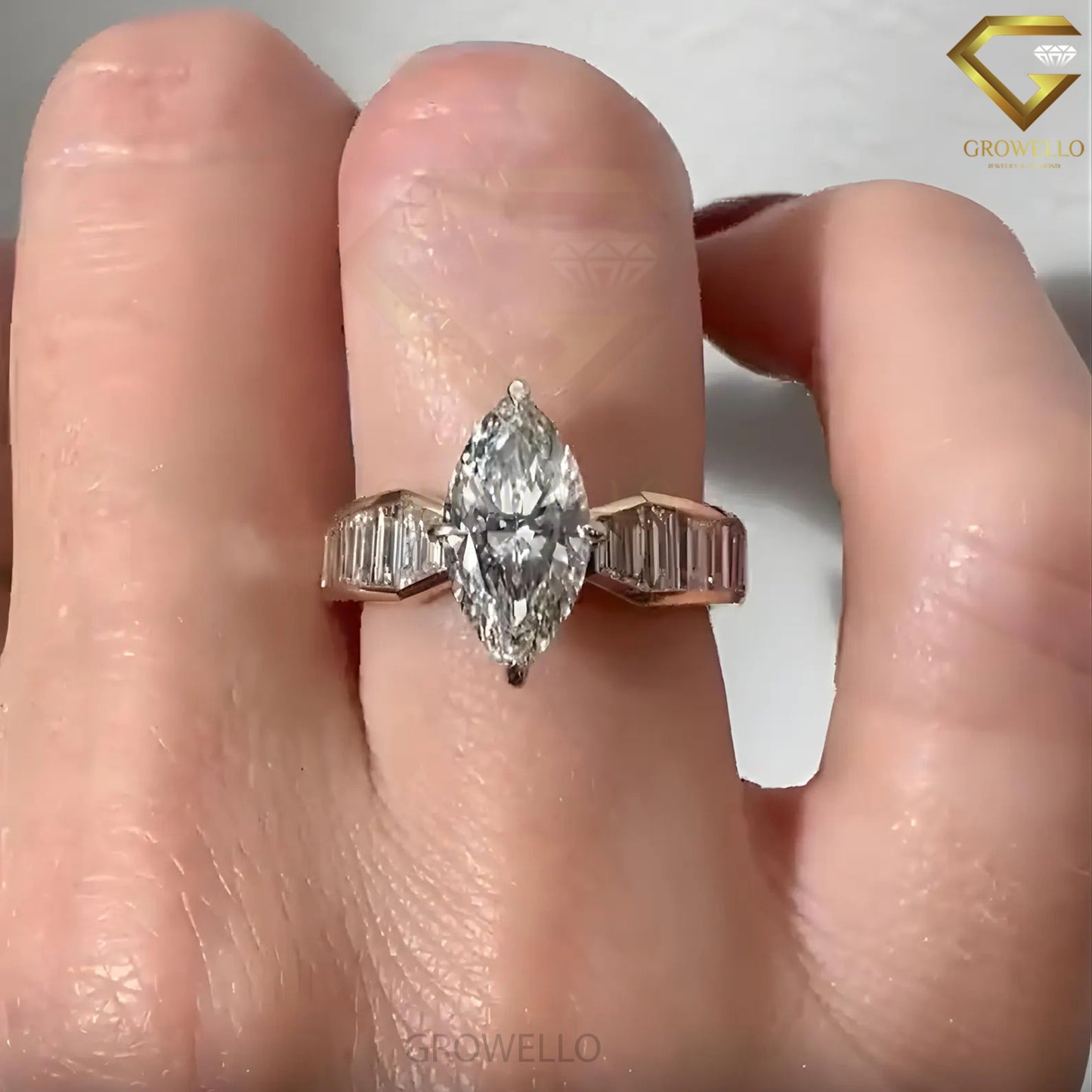 3 CT Marquise Baguette Engagement Ring, Tapered Band, Solid Gold, Lab Grown Diamond or Moissanite