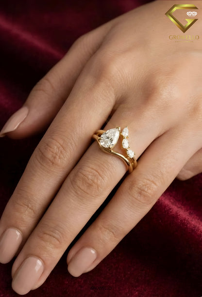 2 CT Pear Bypass Engagement Ring, 3 Stone Cluster, Solid Gold, IGI Lab Diamond/Moissanite