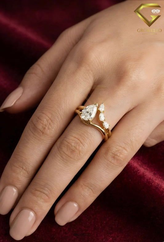 2 CT Pear Bypass Engagement Ring, 3 Stone Cluster, Solid Gold, IGI Lab Diamond/Moissanite