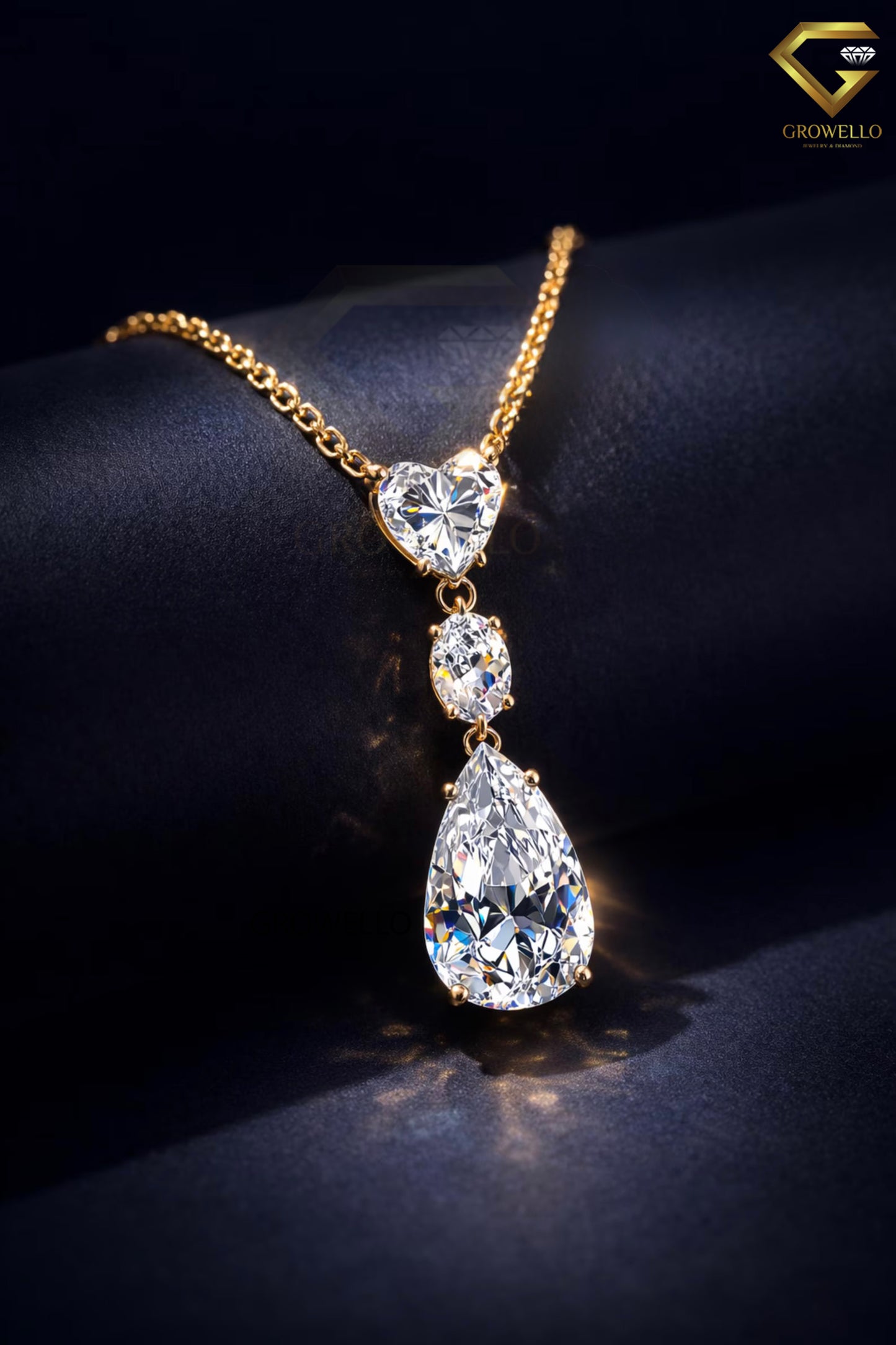 Heart Oval Pear Drop Necklace, 3 Stone Pendant, Solid Gold, Lab Grown Diamond or Moissanite