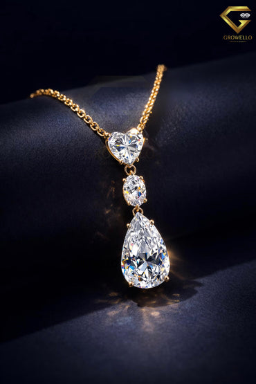 Heart Oval Pear Drop Necklace, 3 Stone Pendant, Solid Gold, Lab Grown Diamond or Moissanite