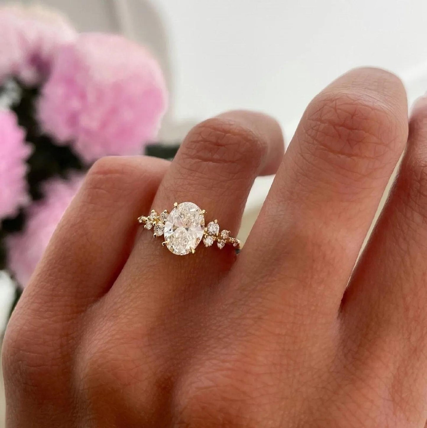 3 CT Oval Moissanite Engagement Ring Oval Cluster Diamond Wedding Ring 14K Solid Gold Anniversary Ring Oval Vintage Ring.